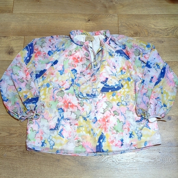 ELIE TAHARI WOMAN Floral Split V Neck Tie Closure Ruffle Collar Top Blouse 1X - Picture 2 of 9